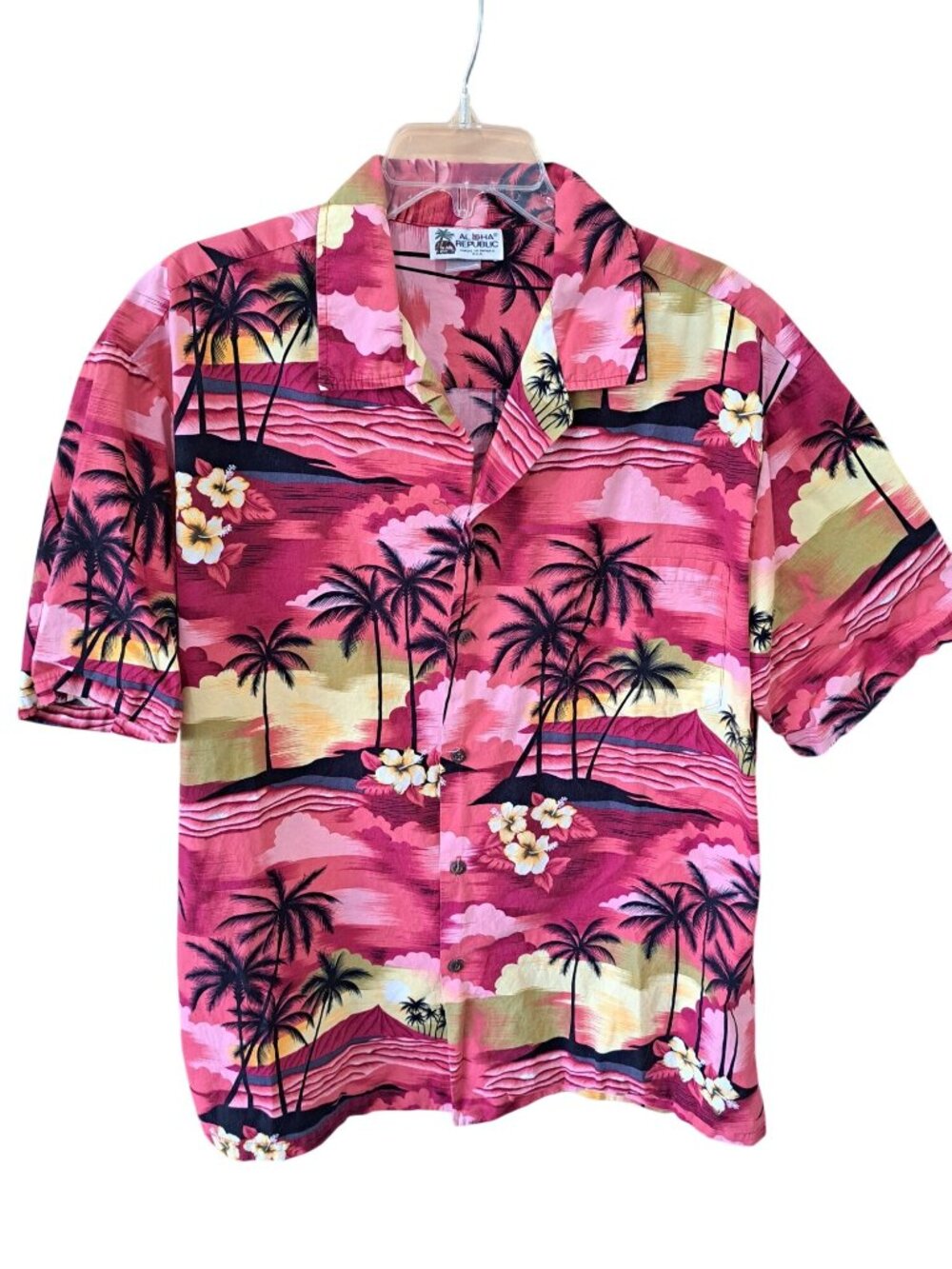 Aloha Republic XL Palm Trees Hibiscus Pink & Red Cotton Hawaiian Shirt Men's USA